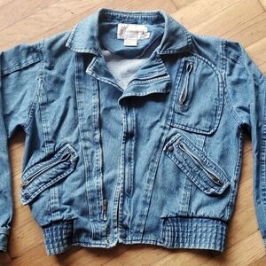 80s Vintage Mens Small Denim Multi Zipper Pocket Back To The Future Jean Jacket